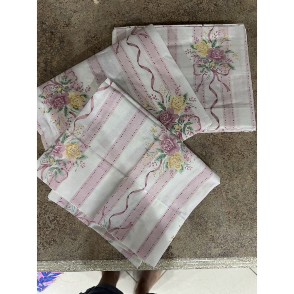 Vintage Stevens Pink Ribbon Sheets Floral Twin Set New